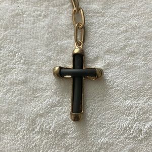 Heavy Gold Tone and Black Leather Cross by Shay